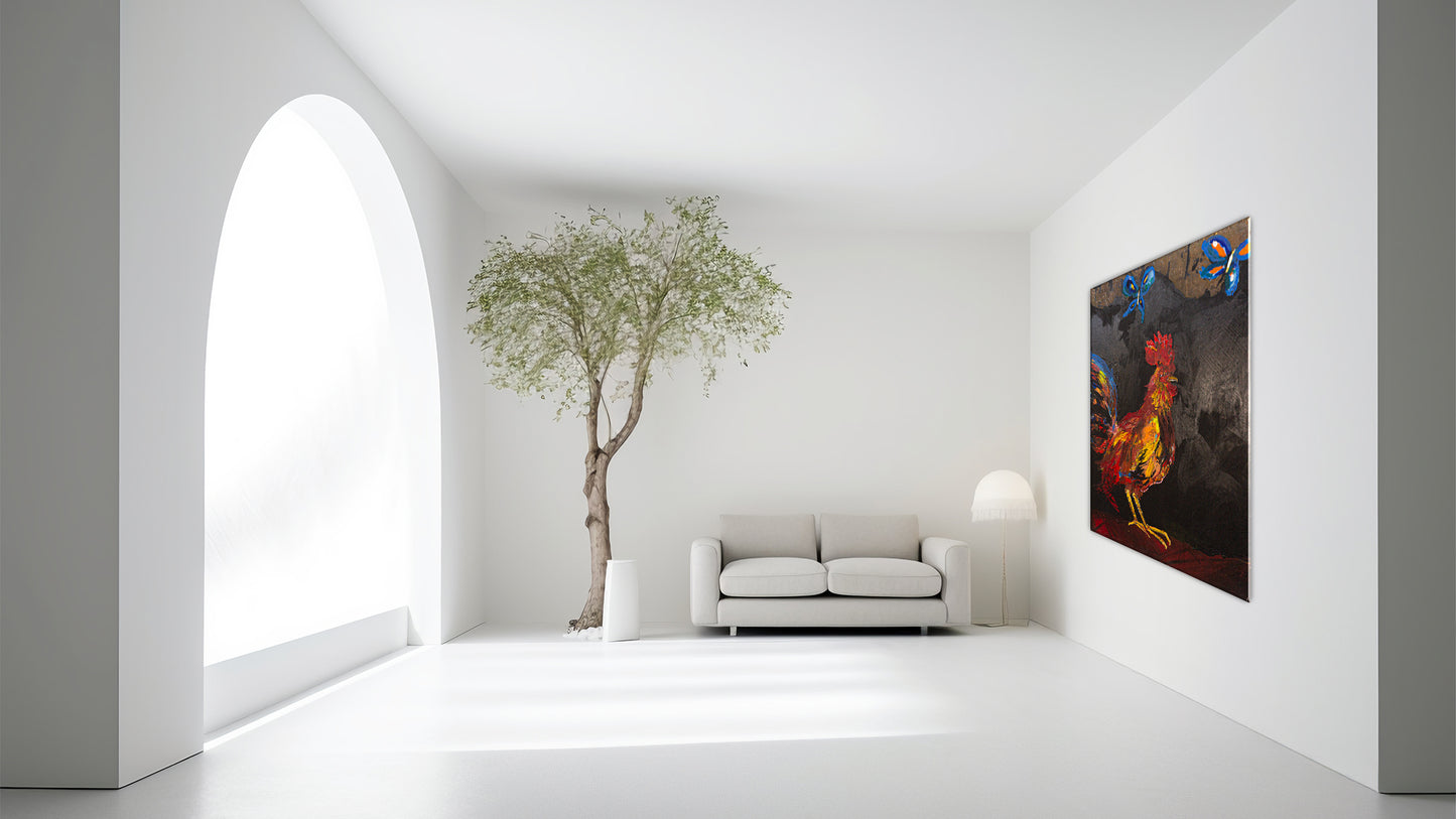 The Rooster Técnica Mixta Acrílico Sobre Canvas, Aerosol. Con Hoja de Oro