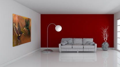 Pareja de Colibrís Técnica Mixta Acrílico Sobre Canvas, Aerosol. Con Hoja de Oro