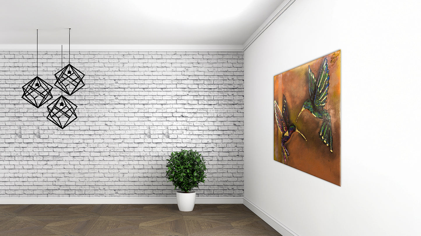 Pareja de Colibrís Técnica Mixta Acrílico Sobre Canvas, Aerosol. Con Hoja de Oro