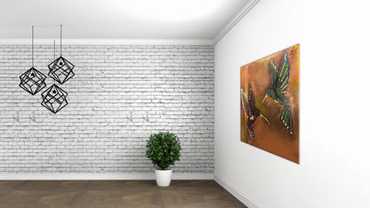 Pareja de Colibrís Técnica Mixta Acrílico Sobre Canvas, Aerosol. Con Hoja de Oro