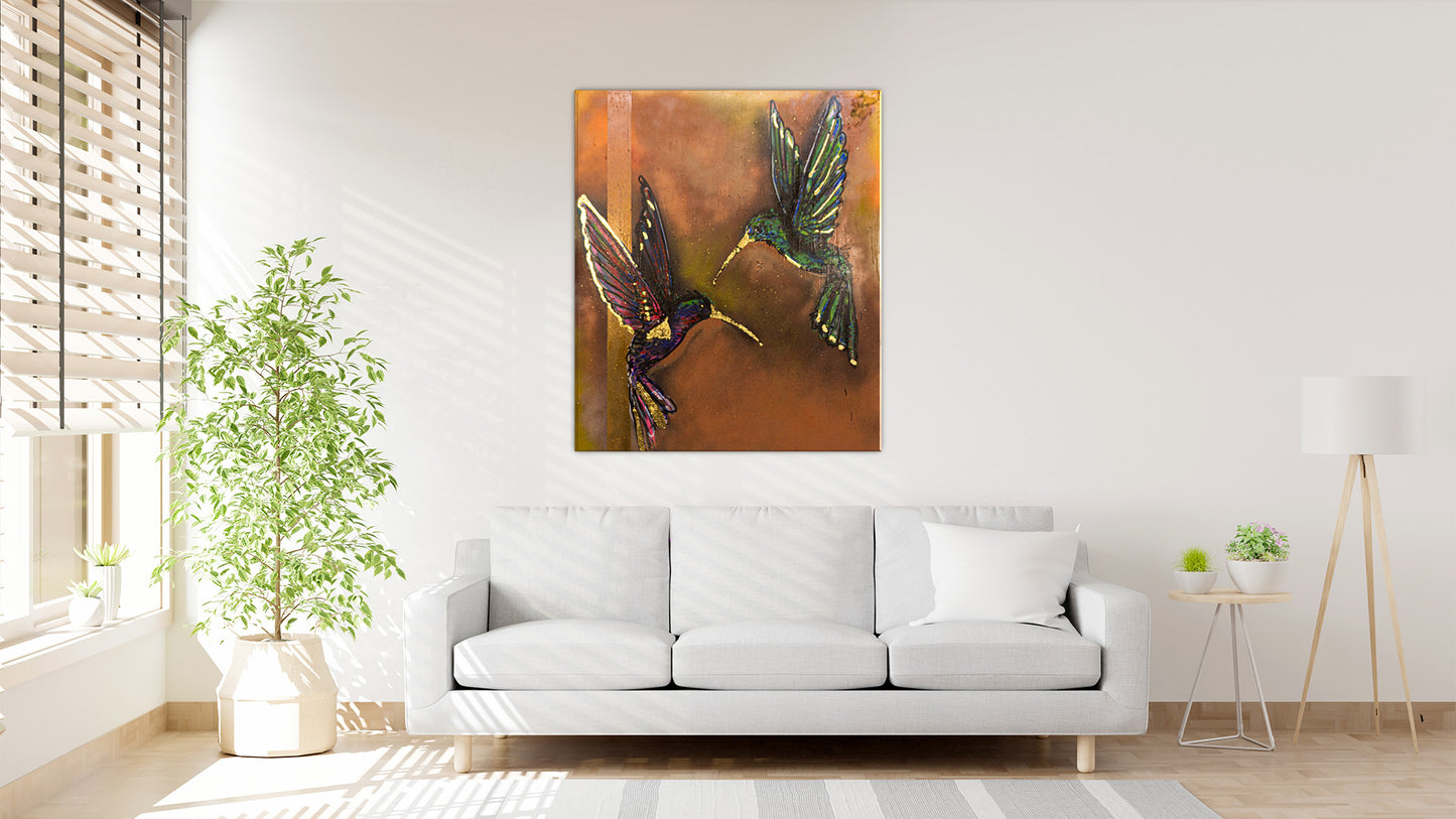 Pareja de Colibrís Técnica Mixta Acrílico Sobre Canvas, Aerosol. Con Hoja de Oro