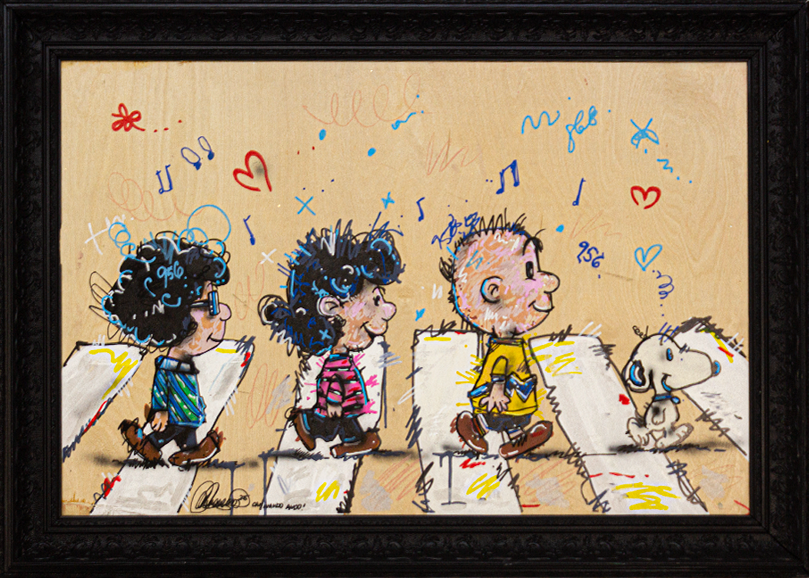 Snoopy in the Abbey Acrylic on Wood on Gallery Framed