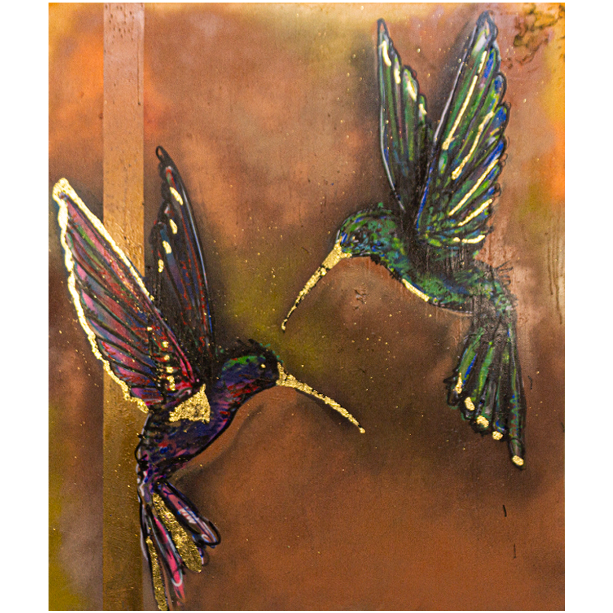 Pareja de Colibrís Técnica Mixta Acrílico Sobre Canvas, Aerosol. Con Hoja de Oro
