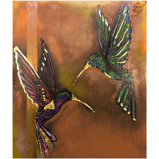 Pareja de Colibrís Técnica Mixta Acrílico Sobre Canvas, Aerosol. Con Hoja de Oro