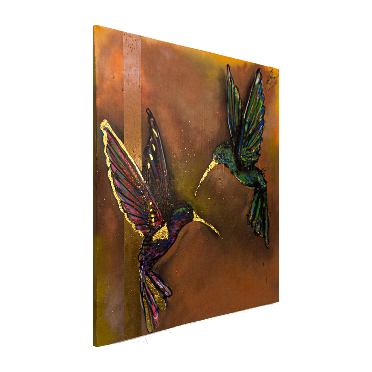 Pareja de Colibrís Técnica Mixta Acrílico Sobre Canvas, Aerosol. Con Hoja de Oro