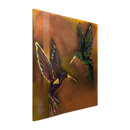 Pareja de Colibrís Técnica Mixta Acrílico Sobre Canvas, Aerosol. Con Hoja de Oro