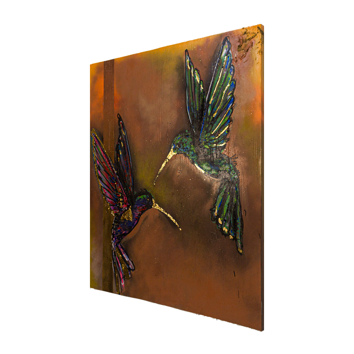 Pareja de Colibrís Técnica Mixta Acrílico Sobre Canvas, Aerosol. Con Hoja de Oro