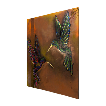 Pareja de Colibrís Técnica Mixta Acrílico Sobre Canvas, Aerosol. Con Hoja de Oro